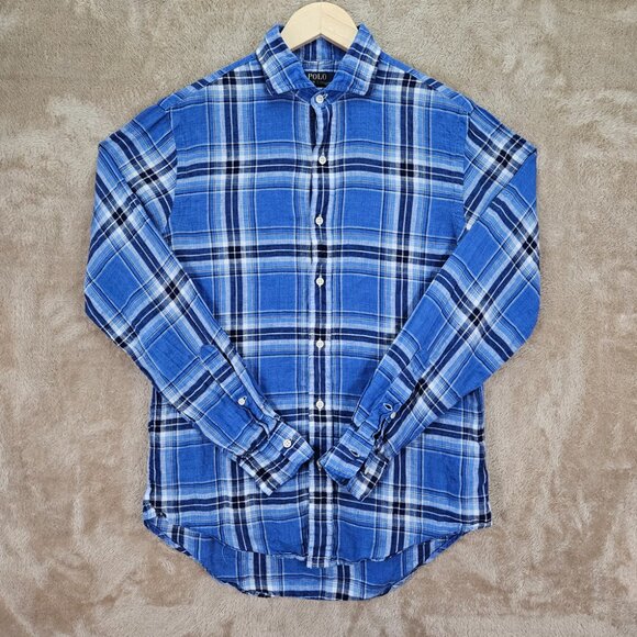 Polo Ralph Lauren 100% Linen Shirt Button-Down Men's Size S Blue Long Sleeve - Picture 1 of 10